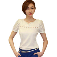 blusas S~XXL Camisas Blusas Femininas  Women Tropical Blusa Lace Short Sleeve Shirt V Neck Doll Chiffon Tops Women Blouses A727