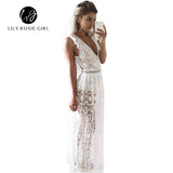 Sexy Hollow Out White Lace Dress Women Spring High Waist Sleeveless Backless Dress Elegant Christmas Maxi Long Dress Vestidos