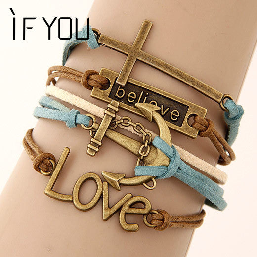 Charm Vintage Multilayer Charm Leather Bracelet Women Owl Cross Believe Bracelets Cheap Statement Jewelry Lady Best Friends Gift