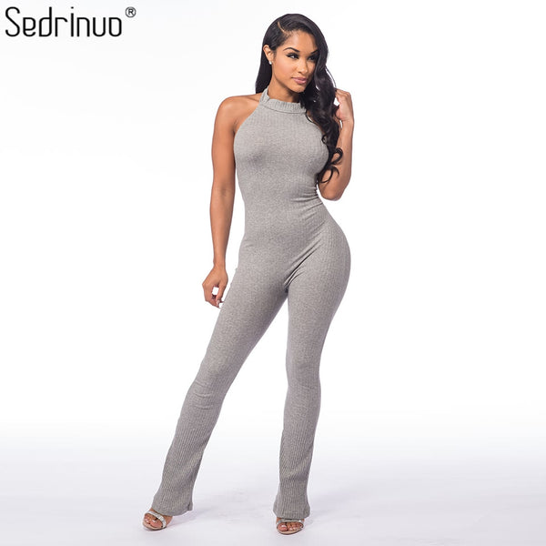 Sedrinuo Rompers Women Jumpsuit 2017 New Fashion Sleeveless Sexy Backless Round Neck Knitted Bodycon Grey Long Pant Jumpsuits