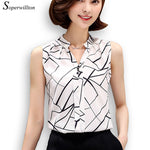 Soperwillton New 2017 Summer Chiffon Blouse shirt Women Printed Sleeveless White top Blouses Shirts Female Office tops #A806