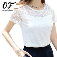 Women Lace Blouse Femme Tops Chiffon Shirt Summer 2016 White Short Sleeve Blusa Feminina Hollow Women Top Shirt Blouse Plus Size