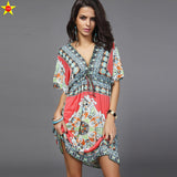 Boho Style Summer Women Dress Sexy Sundresses Deep V Ethnic Floral Print Tunic Beach Dresses Plus Size Casual Silk Dresses