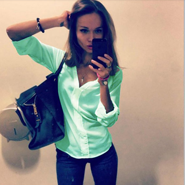 New Women Clothings Women Shirt Spring Summer V-neck Long Sleeve Blouses Pure Color White Green Lady Work Office Slim Shirt Tops