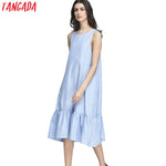 Tangada Fashion Women Long Tank Dress Cotton Blue Ruffles Beach Summer Sleeveless Loose Casual Brand Vestidos Mujer Sundress