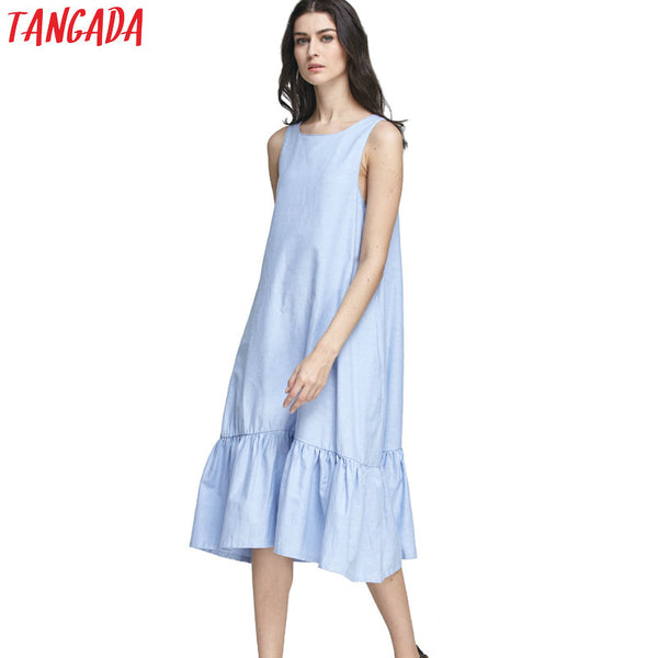 Tangada Fashion Women Long Tank Dress Cotton Blue Ruffles Beach Summer Sleeveless Loose Casual Brand Vestidos Mujer Sundress