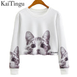 KaiTingu 2017 Autumn Women Casual Pullover Harajuku Fashion Crop Tops Round Neck Long Sleeve Ladies Cat Short Cropped Sweatshirt