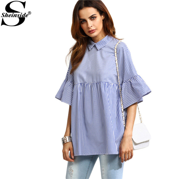 Sheinside Women Blouses and Tops European Style Korean Women Clothing Striped Ruffle Sleeve Babydoll Top Blouse