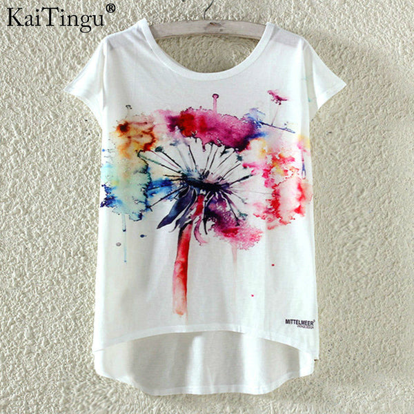 KaiTingu Fashion Summer Kawaii Cute T Shirt Harajuku High Low Style Cat Print T-shirt Short Sleeve T Shirt Women Tops M XL Size