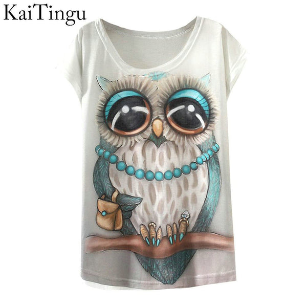 KaiTingu 2017 New Fashion Vintage Spring Summer T Shirt Women Clothing Tops Animal Owl Print T-shirt Printed White Woman Clothes