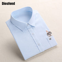 Dioufond Cat Embroidery Long Sleeve Women Blouses And Shirts White Blue Female Ladies Casual Shirt Tops Plus Size Blusas Blouse