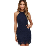 Berydress Womens Elegant Wedding Party Sexy Night Club Halter Neck Sleeveless Sheath Bodycon Lace Dress Short