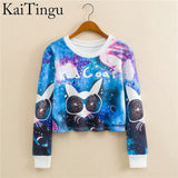 KaiTingu 2017 Autumn Women Casual Pullover Harajuku Fashion Crop Tops Round Neck Long Sleeve Ladies Cat Short Cropped Sweatshirt