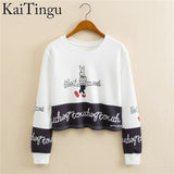 KaiTingu 2017 Autumn Women Casual Pullover Harajuku Fashion Crop Tops Round Neck Long Sleeve Ladies Cat Short Cropped Sweatshirt