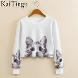 KaiTingu 2017 Autumn Women Casual Pullover Harajuku Fashion Crop Tops Round Neck Long Sleeve Ladies Cat Short Cropped Sweatshirt