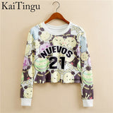 KaiTingu 2017 Autumn Women Casual Pullover Harajuku Fashion Crop Tops Round Neck Long Sleeve Ladies Cat Short Cropped Sweatshirt