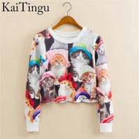 KaiTingu 2017 Autumn Women Casual Pullover Harajuku Fashion Crop Tops Round Neck Long Sleeve Ladies Cat Short Cropped Sweatshirt