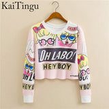 KaiTingu 2017 Autumn Women Casual Pullover Harajuku Fashion Crop Tops Round Neck Long Sleeve Ladies Cat Short Cropped Sweatshirt