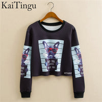 KaiTingu 2017 Autumn Women Casual Pullover Harajuku Fashion Crop Tops Round Neck Long Sleeve Ladies Cat Short Cropped Sweatshirt