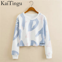 KaiTingu 2017 Autumn Women Casual Pullover Harajuku Fashion Crop Tops Round Neck Long Sleeve Ladies Cat Short Cropped Sweatshirt