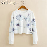 KaiTingu 2017 Autumn Women Casual Pullover Harajuku Fashion Crop Tops Round Neck Long Sleeve Ladies Cat Short Cropped Sweatshirt