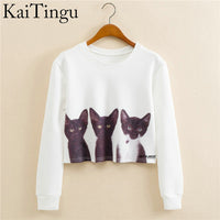 KaiTingu 2017 Autumn Women Casual Pullover Harajuku Fashion Crop Tops Round Neck Long Sleeve Ladies Cat Short Cropped Sweatshirt