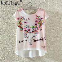 KaiTingu Fashion Summer Kawaii Cute T Shirt Harajuku High Low Style Cat Print T-shirt Short Sleeve T Shirt Women Tops M XL Size