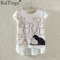 KaiTingu Fashion Summer Kawaii Cute T Shirt Harajuku High Low Style Cat Print T-shirt Short Sleeve T Shirt Women Tops M XL Size