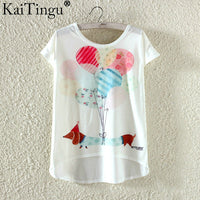 KaiTingu Fashion Summer Kawaii Cute T Shirt Harajuku High Low Style Cat Print T-shirt Short Sleeve T Shirt Women Tops M XL Size