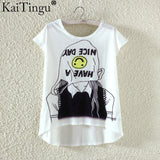 KaiTingu Fashion Summer Kawaii Cute T Shirt Harajuku High Low Style Cat Print T-shirt Short Sleeve T Shirt Women Tops M XL Size