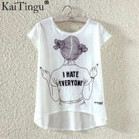 KaiTingu Fashion Summer Kawaii Cute T Shirt Harajuku High Low Style Cat Print T-shirt Short Sleeve T Shirt Women Tops M XL Size