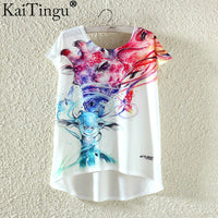 KaiTingu Fashion Summer Kawaii Cute T Shirt Harajuku High Low Style Cat Print T-shirt Short Sleeve T Shirt Women Tops M XL Size