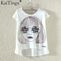 KaiTingu Fashion Summer Kawaii Cute T Shirt Harajuku High Low Style Cat Print T-shirt Short Sleeve T Shirt Women Tops M XL Size