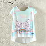 KaiTingu Fashion Summer Kawaii Cute T Shirt Harajuku High Low Style Cat Print T-shirt Short Sleeve T Shirt Women Tops M XL Size