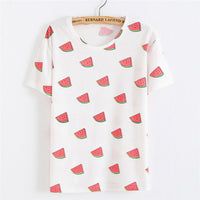 2016 Spring Women Watermelon Printed T Shirts Loose Short Sleeve T-shirt Harajuku Style Fruit Printed Tshirt Girl Casual Tops