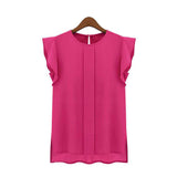 New Womens Blouses Summer Short Sleeve Chiffon O-neck Ruffled Pleated Sleeve Chiffon Shirt Top Women's Tee Tops