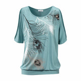 Slit Sleeve Cold Shoulder Feather Print Women Casual Summer T Shirt Girl 2017 Tee Tshirt Loose Top T-Shirt plus size S-5XL