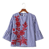 Women floral embroidery plaid blouse full cotton three quarter flare sleeve loose shirts fashion streetwear tops blusas LT1194