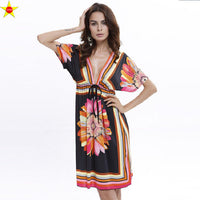 Boho Style Summer Women Dress Sexy Sundresses Deep V Ethnic Floral Print Tunic Beach Dresses Plus Size Casual Silk Dresses