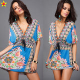 Boho Style Summer Women Dress Sexy Sundresses Deep V Ethnic Floral Print Tunic Beach Dresses Plus Size Casual Silk Dresses