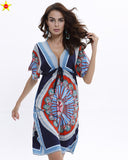 Boho Style Summer Women Dress Sexy Sundresses Deep V Ethnic Floral Print Tunic Beach Dresses Plus Size Casual Silk Dresses