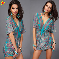 Boho Style Summer Women Dress Sexy Sundresses Deep V Ethnic Floral Print Tunic Beach Dresses Plus Size Casual Silk Dresses