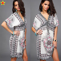 Boho Style Summer Women Dress Sexy Sundresses Deep V Ethnic Floral Print Tunic Beach Dresses Plus Size Casual Silk Dresses