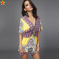 Boho Style Summer Women Dress Sexy Sundresses Deep V Ethnic Floral Print Tunic Beach Dresses Plus Size Casual Silk Dresses