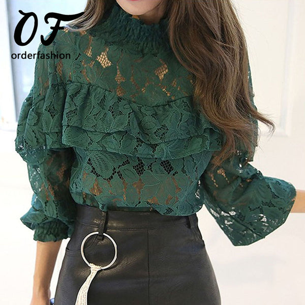 New Fashion 2017 Spring Noble Women Hollow Lace Blouse Shirt Long-sleeve Ruffles Shirt Female Women Tops Blusa De Renda