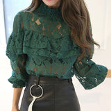 New Fashion 2017 Spring Noble Women Hollow Lace Blouse Shirt Long-sleeve Ruffles Shirt Female Women Tops Blusa De Renda