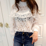 New Fashion 2017 Spring Noble Women Hollow Lace Blouse Shirt Long-sleeve Ruffles Shirt Female Women Tops Blusa De Renda