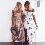 Boho style long dress women Off shoulder beach summer dresses Floral print Vintage chiffon white maxi dress vestidos de festa