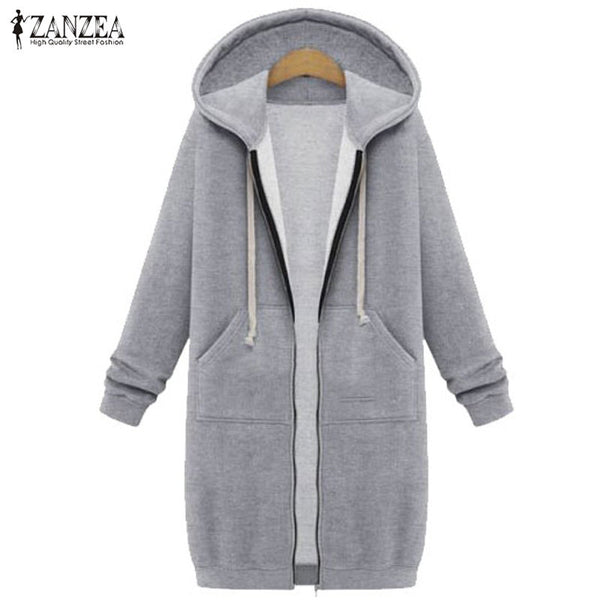 Oversized 2017 Autumn ZANZEA Women Casual Long Hoodies Sweatshirt Coat Pockets Zip Up Outerwear Hooded Jacket Plus Size Tops