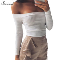 Autumn new 2017 off shoulder crop top t shirts hot sale long sleeve solid short t-shirts for women clothing fashion slim t-shirt